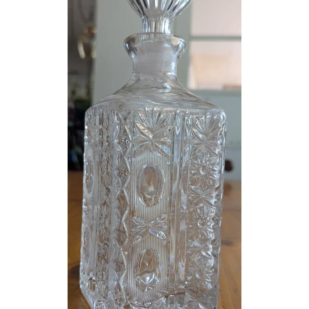 Vintage Clear Cut Crystal Square Decanter with Ribbed Stopper Starburst Pattern